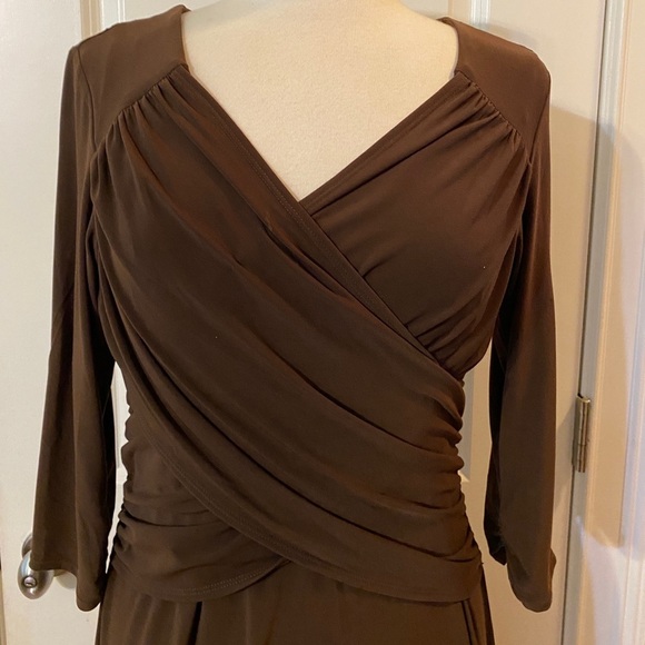 Brown Ruched Faux Wrap Long Sleeve Midi Dress Petite Large - Picture 2 of 4